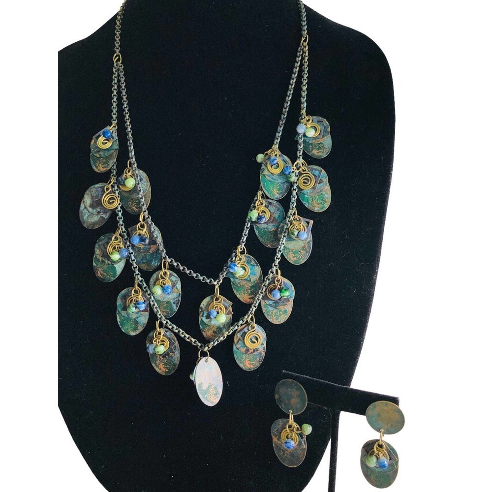 Artisan Copper Disc Dangle Statement Necklace Ear… - image 1